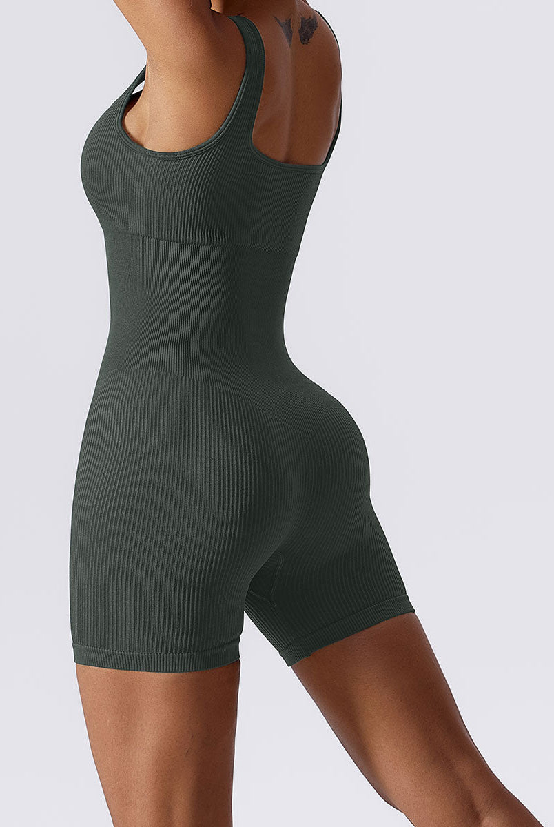 Ribbed Tummy Control Solid Color sleeveless shorts Womens jumpsuit - DEIDEIAP_ACTIVE