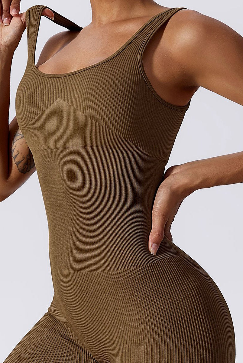 Ribbed Tummy Control Solid Color sleeveless shorts Womens jumpsuit - DEIDEIAP_ACTIVE