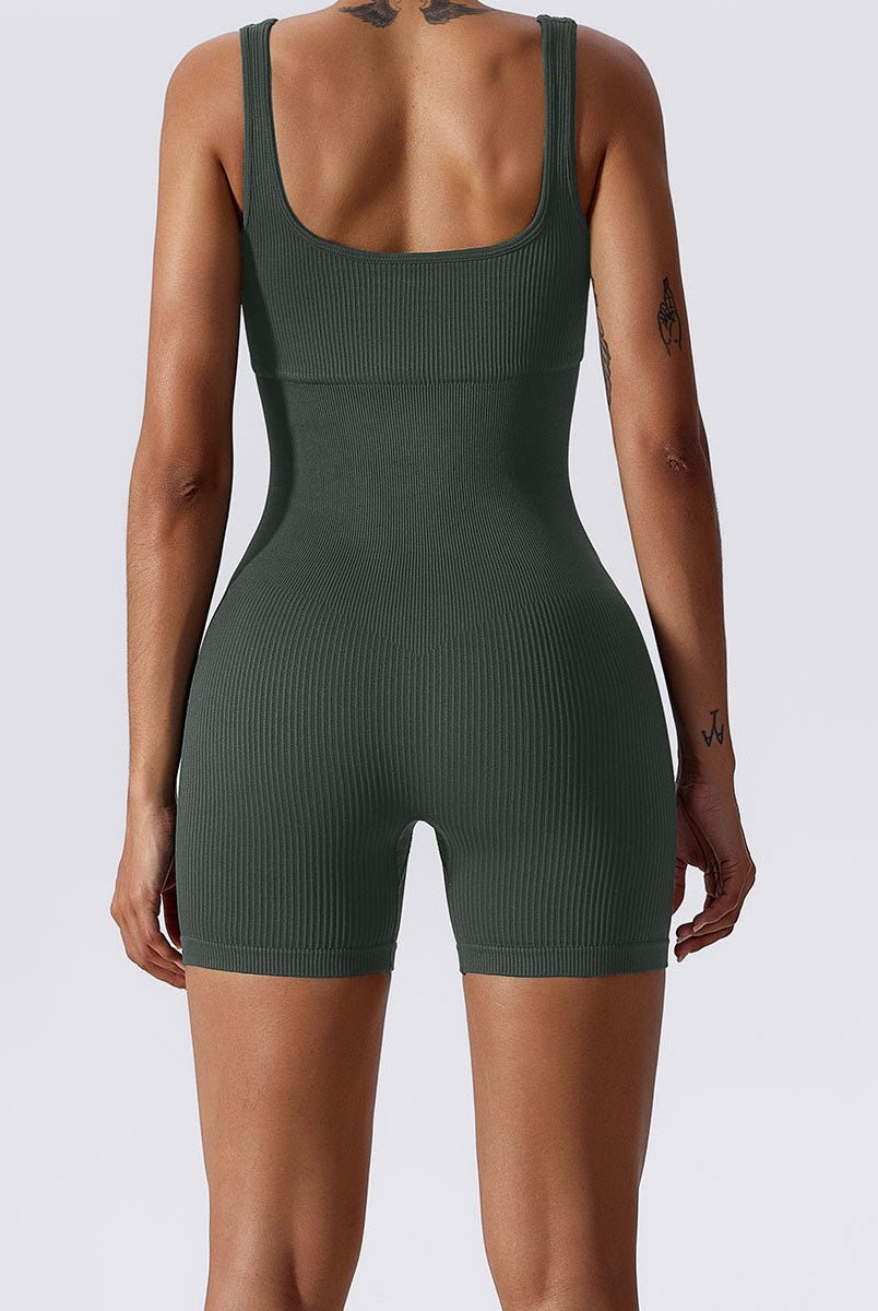 Ribbed Tummy Control Solid Color sleeveless shorts Womens jumpsuit - DEIDEIAP_ACTIVE