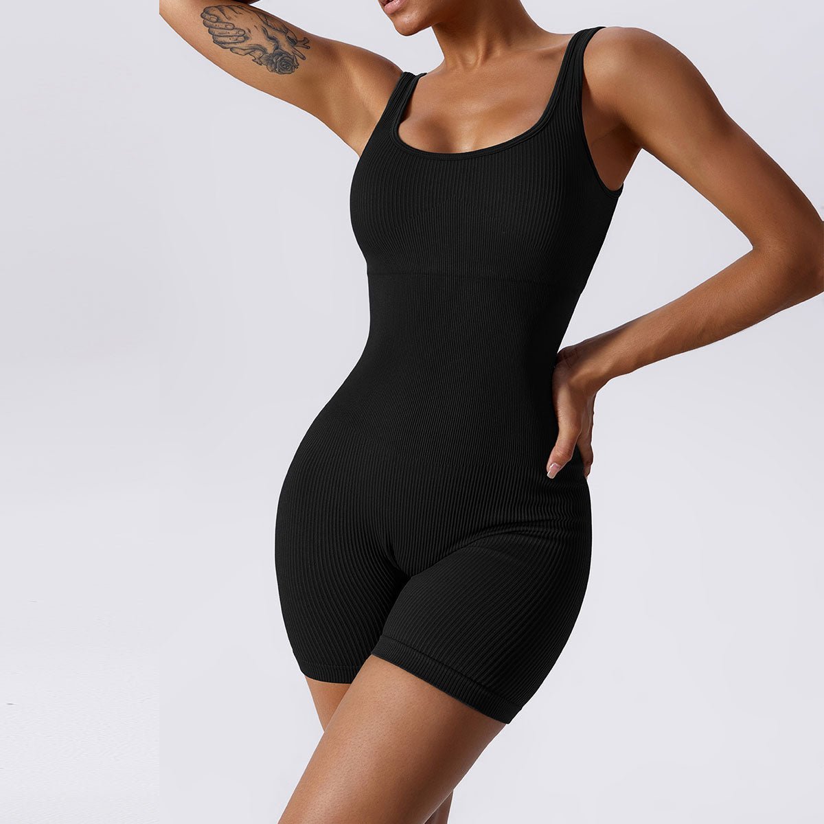 Ribbed Tummy Control Solid Color sleeveless shorts Womens jumpsuit - DEIDEIAP_ACTIVE